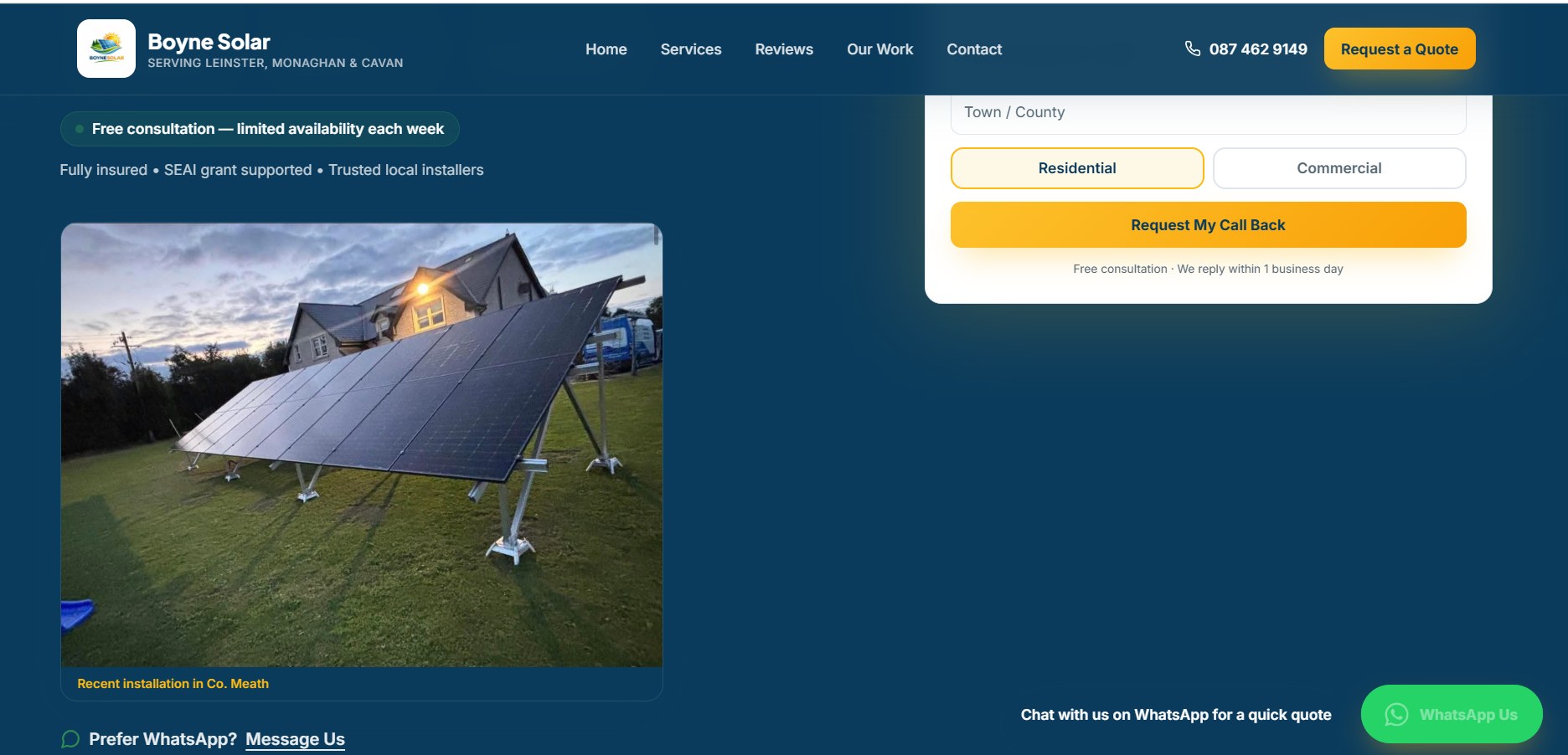 Screenshot of the Boyne Solar website